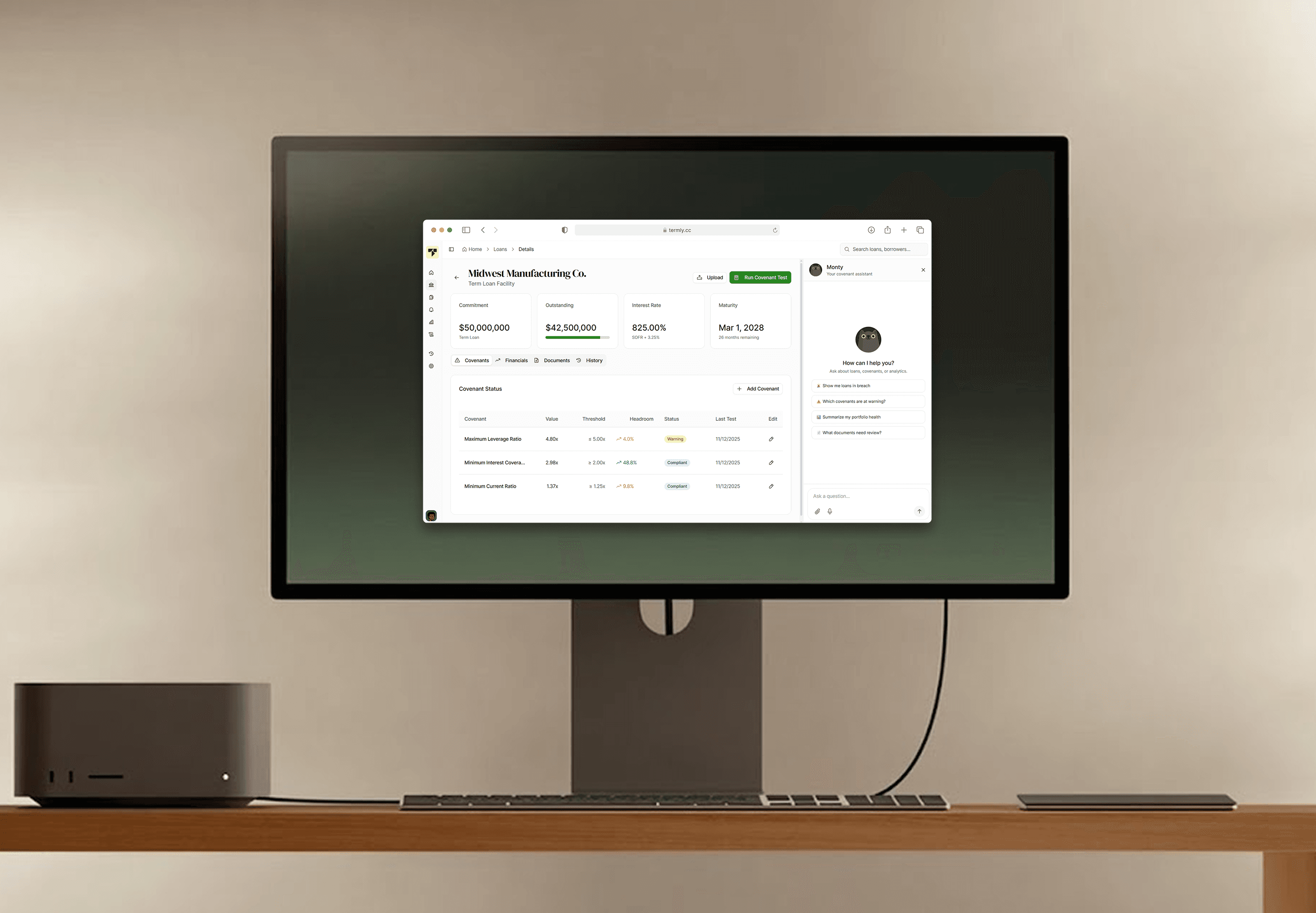 Termly dashboard showing loan covenant monitoring